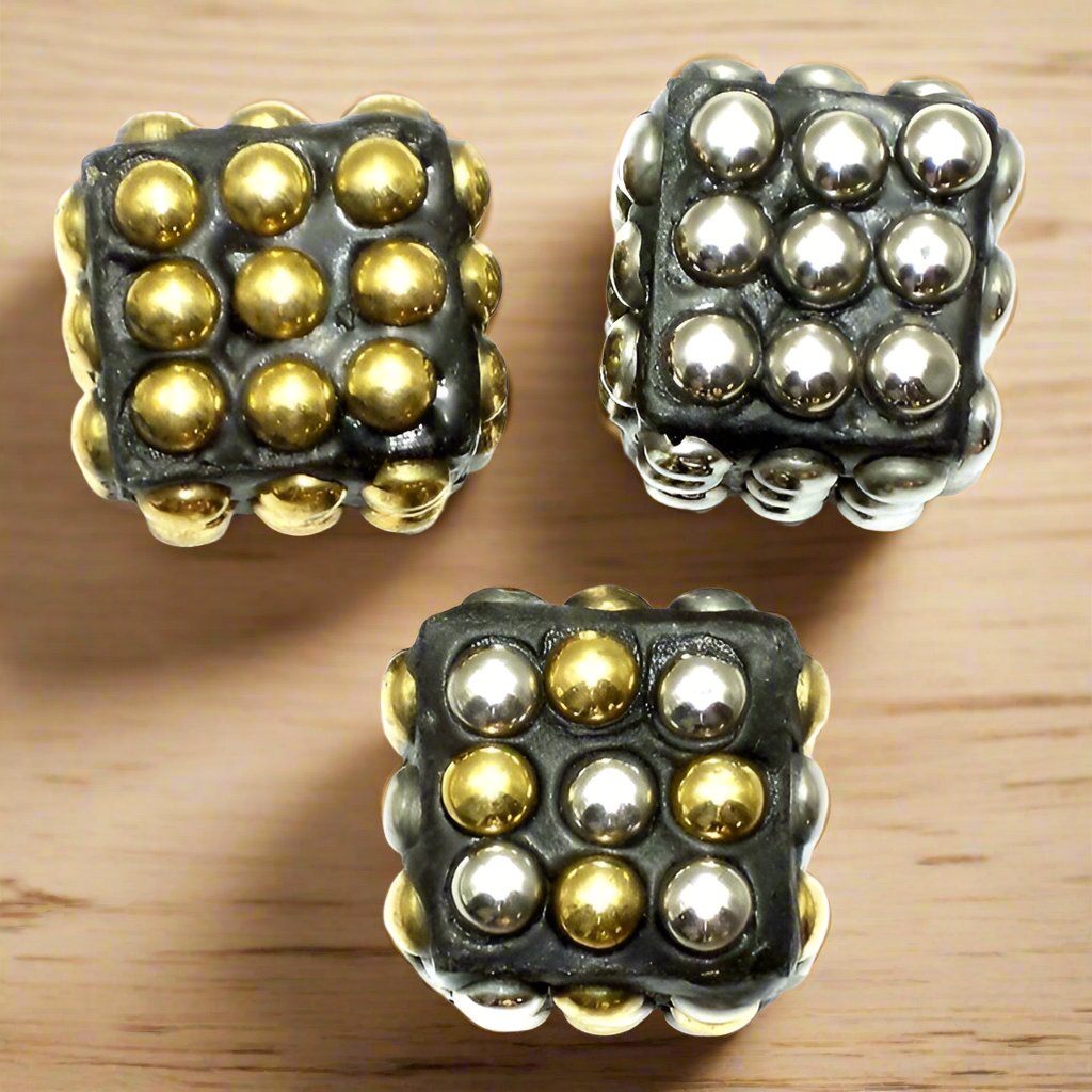3 Riveted Wooden Cube Beads 25mm - Golden / Wood / Cube