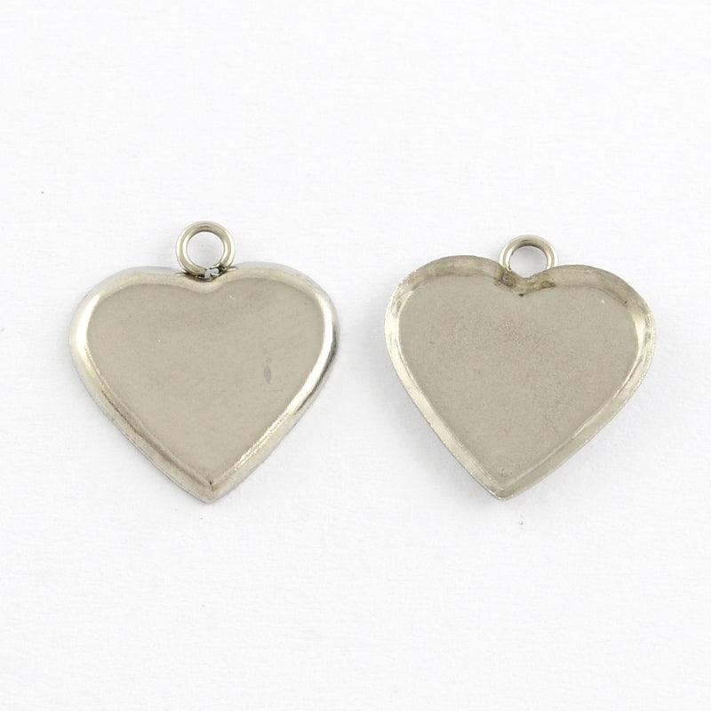 0.5 Inch Heart Stainless Steel Cabochon Settings Pendants - Silver / Heart / 10 Pcs