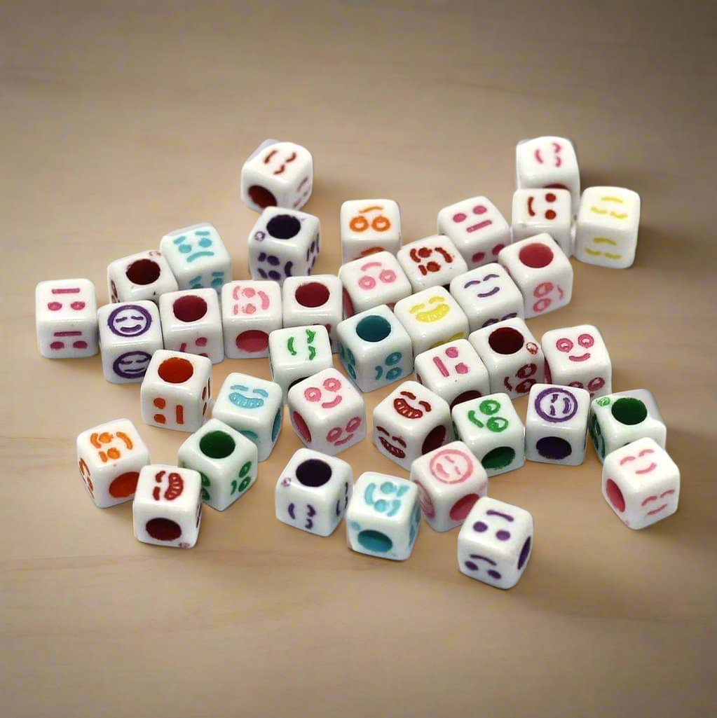 100 gm, 6mm Acrylic Square Smiley Emoji Beads Multicolor - MultiColor / Acrylic / 100 gm