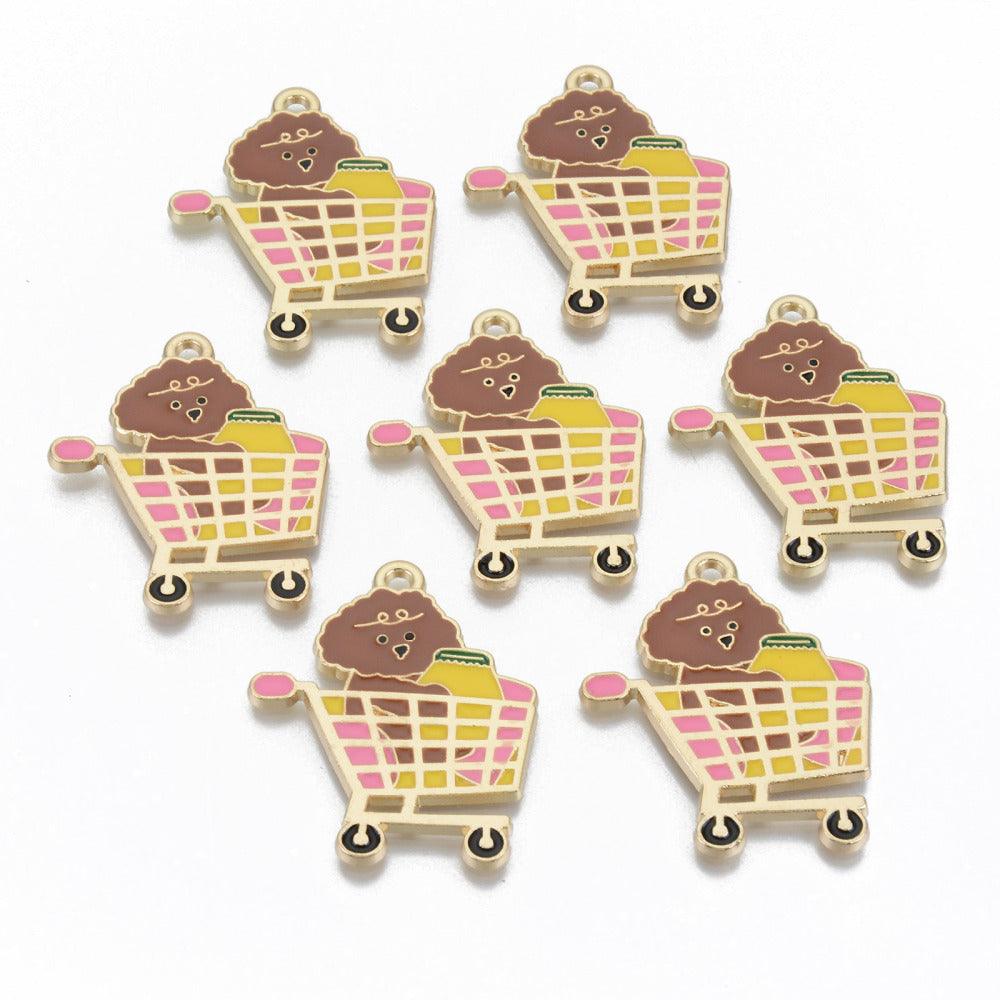 37x30mm, Alloy Enamel Charms Shopping Cart, Light Gold, Colorful - Alloy / Golden / 5 Pcs