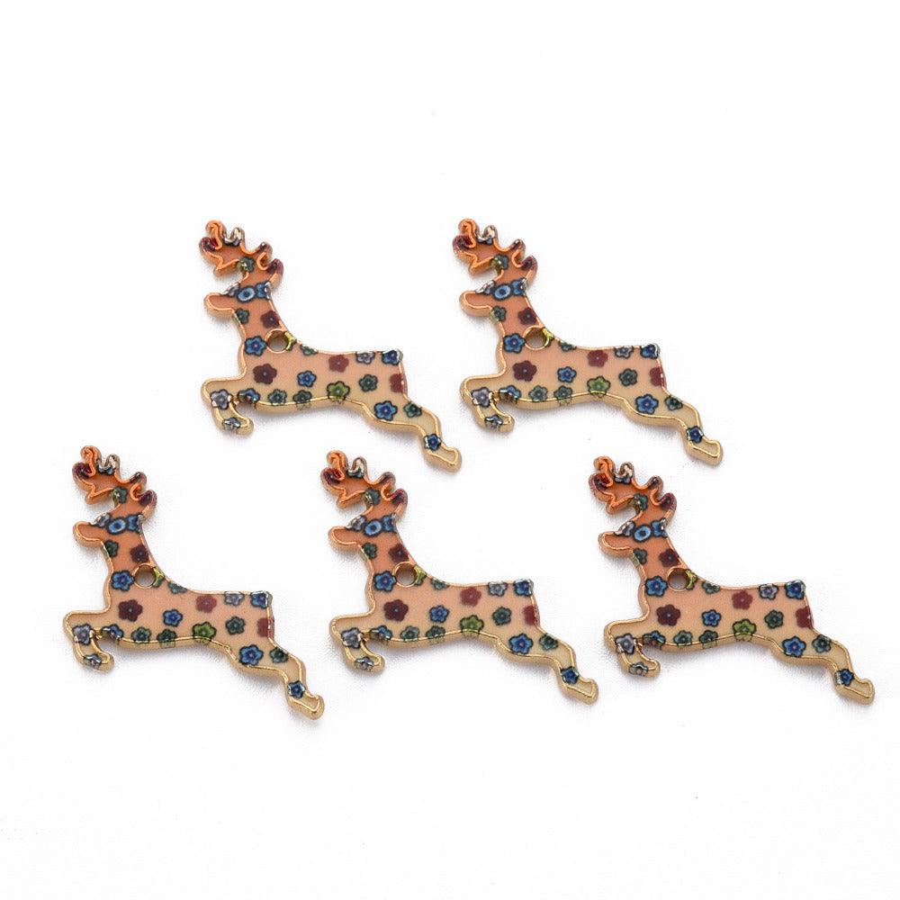 5 Pcs, 19x28mm, Alloy Enamel Charms, Light Gold Deer - Alloy / Golden