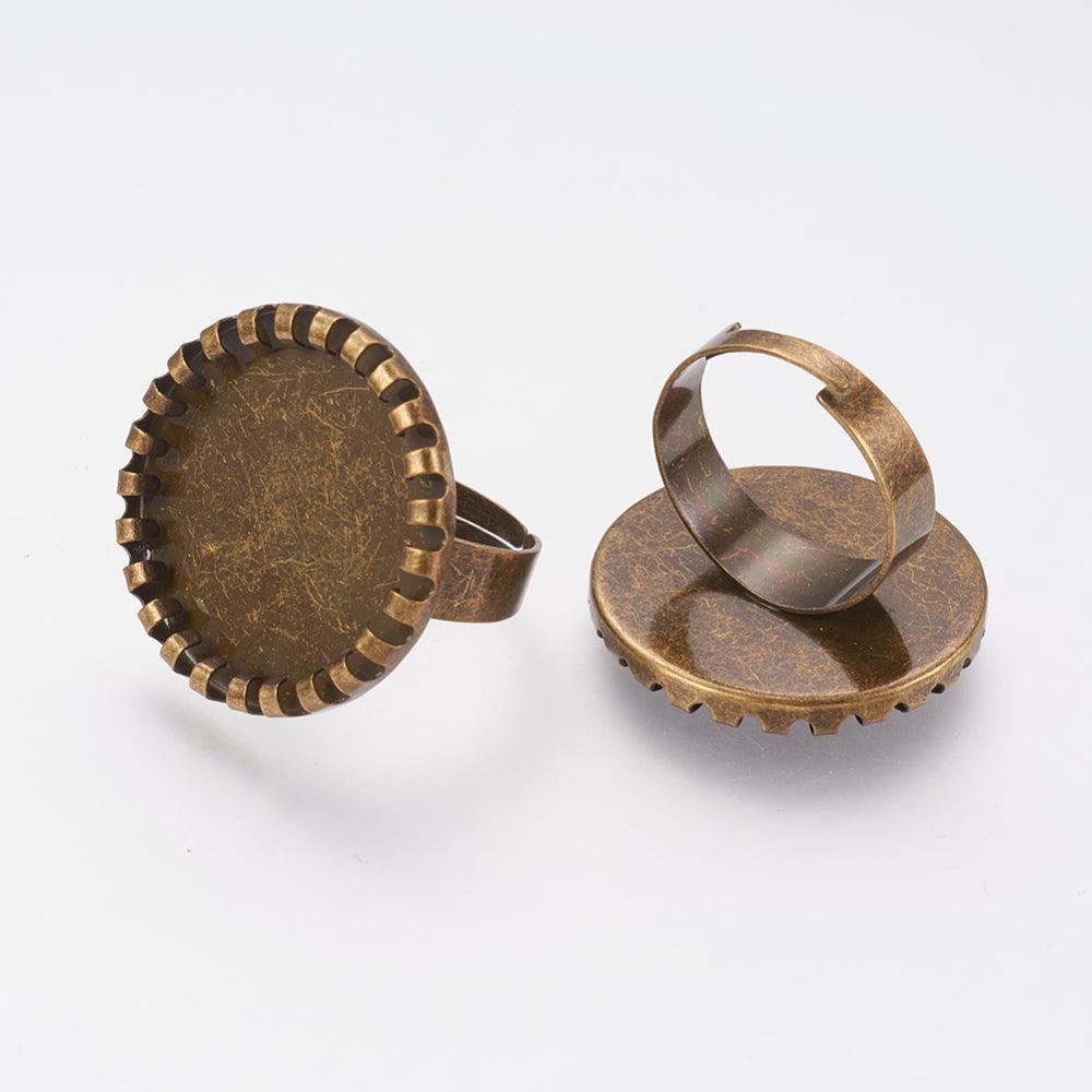 Brass Finger Ring Adjustable Base Flat Round, Antique Bronze - Bronze / Brass / 5 Pcs