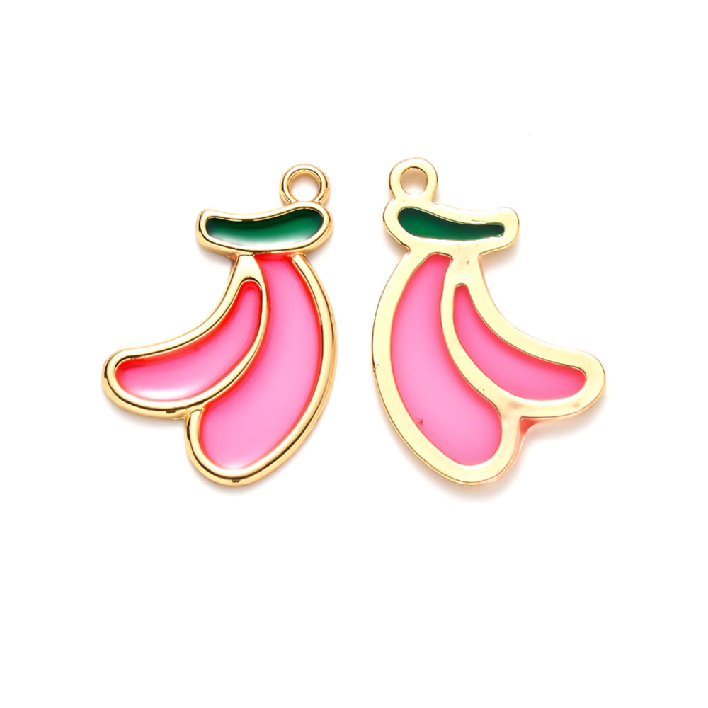 27x18x1.5mm, Alloy Banana Charms, Golden - Brass / Pink / 5 Pcs