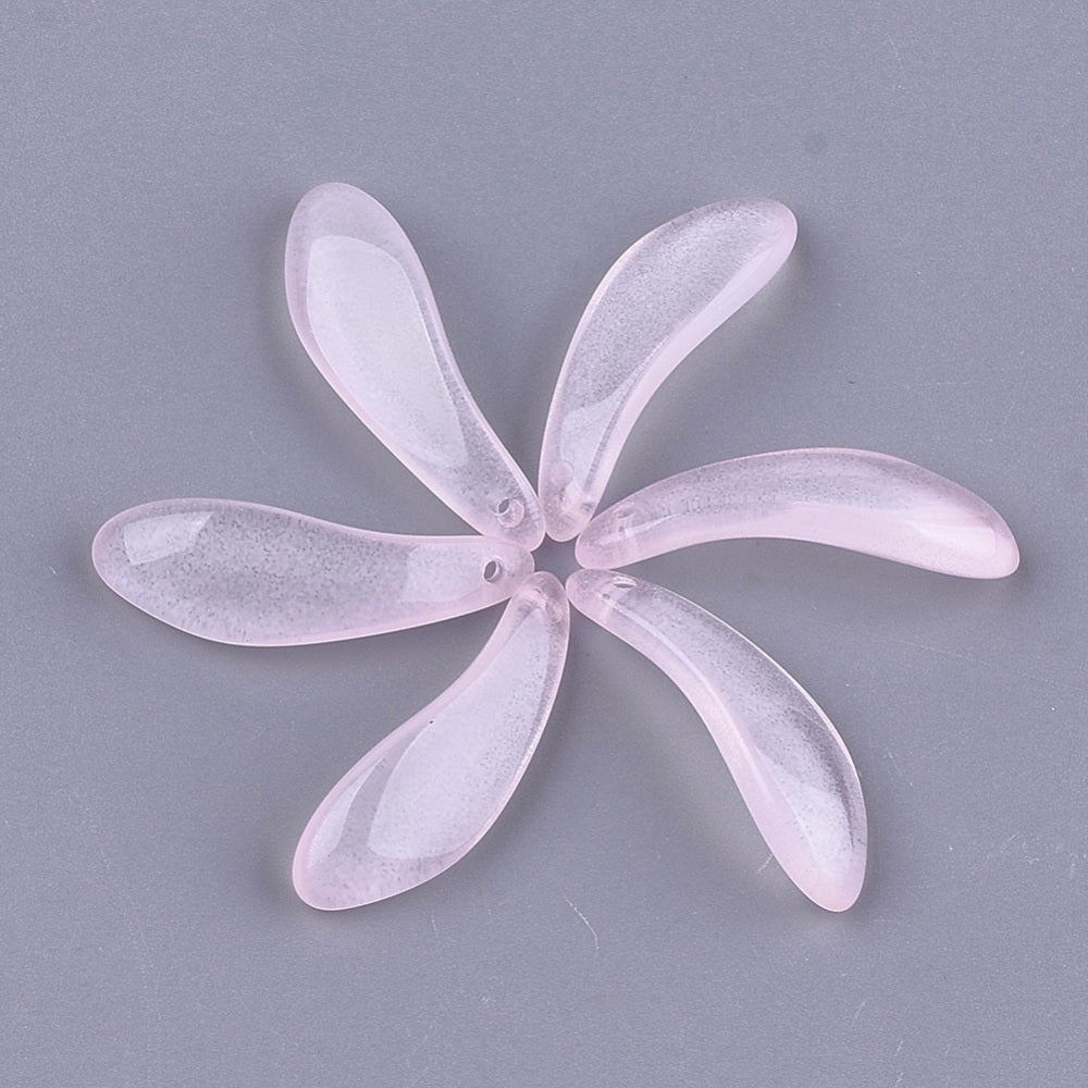 10 Pcs, 26x8.5x6mm, Transparent Spray Painted Glass Pendants, Petal, Pink - Pink / Glass