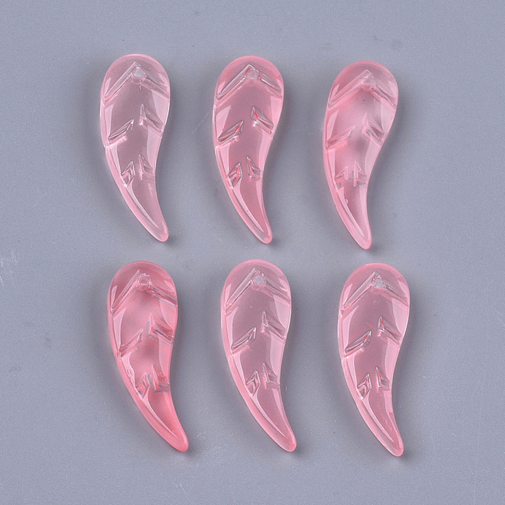 37.5x9.5mm,Transparent Spray Painted Glass Pendants, Leaf - Pink / Glass / 10 Pcs