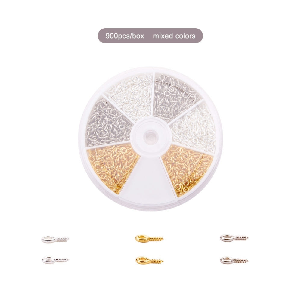 8x4x1mm, Three Colors Iron Screw Eye Pin Peg Bails, For Half Drilled Beads, Golden, Silver - MultiColor / 1 Kit