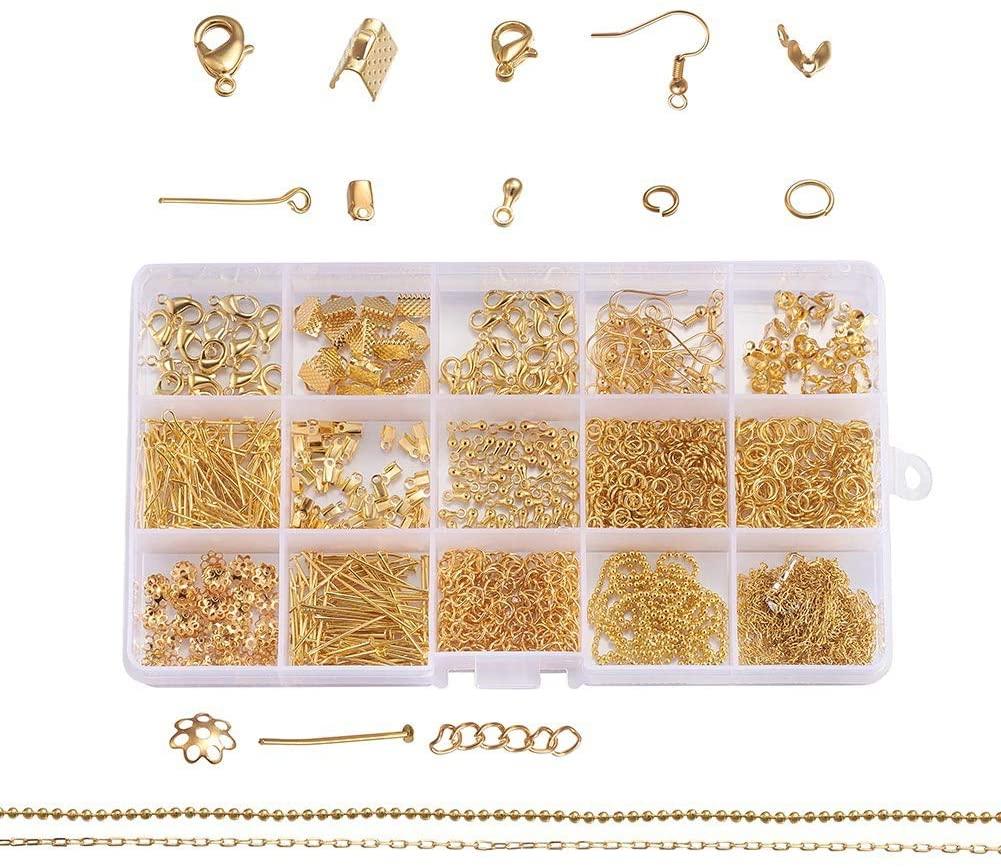 Plated Jewellery Finding Material Mix Box, Eyepins, Headpins, Ear Hooks, Bead Caps, Jumprings, Clasps Chains and Cord End - Golden