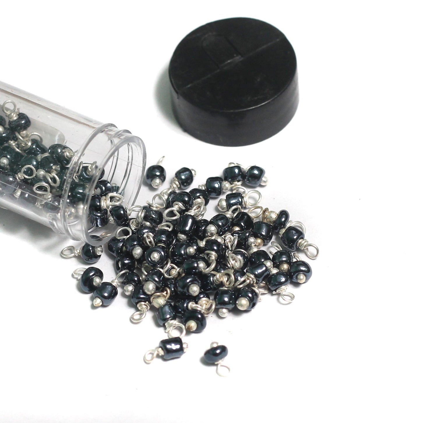 200 Pcs, 4mm Glass Loreal Beads Metallic Black Tube Silver Plated - Black / Glass / Tyre