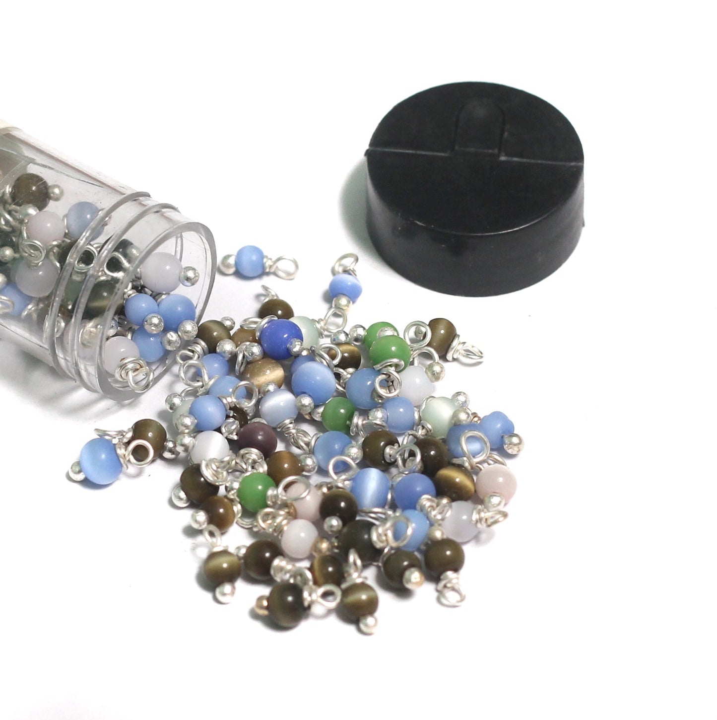 200 Pcs, 4mm Cats Eye Loreal Beads Tube Silver Plated - MultiColor / Glass / Round
