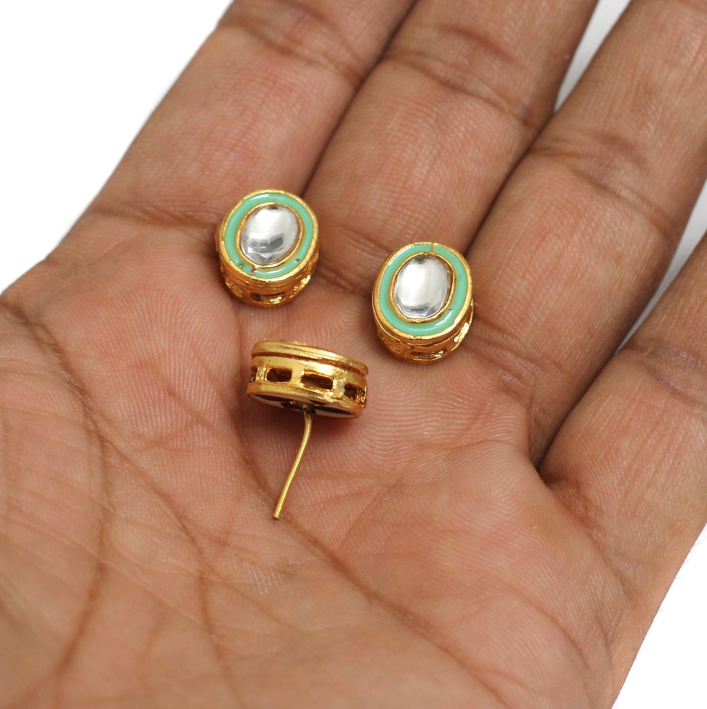 5 Pairs, 13x10mm Meenakari Kundan Spacer Earring Studs - Sea Green / Kundan