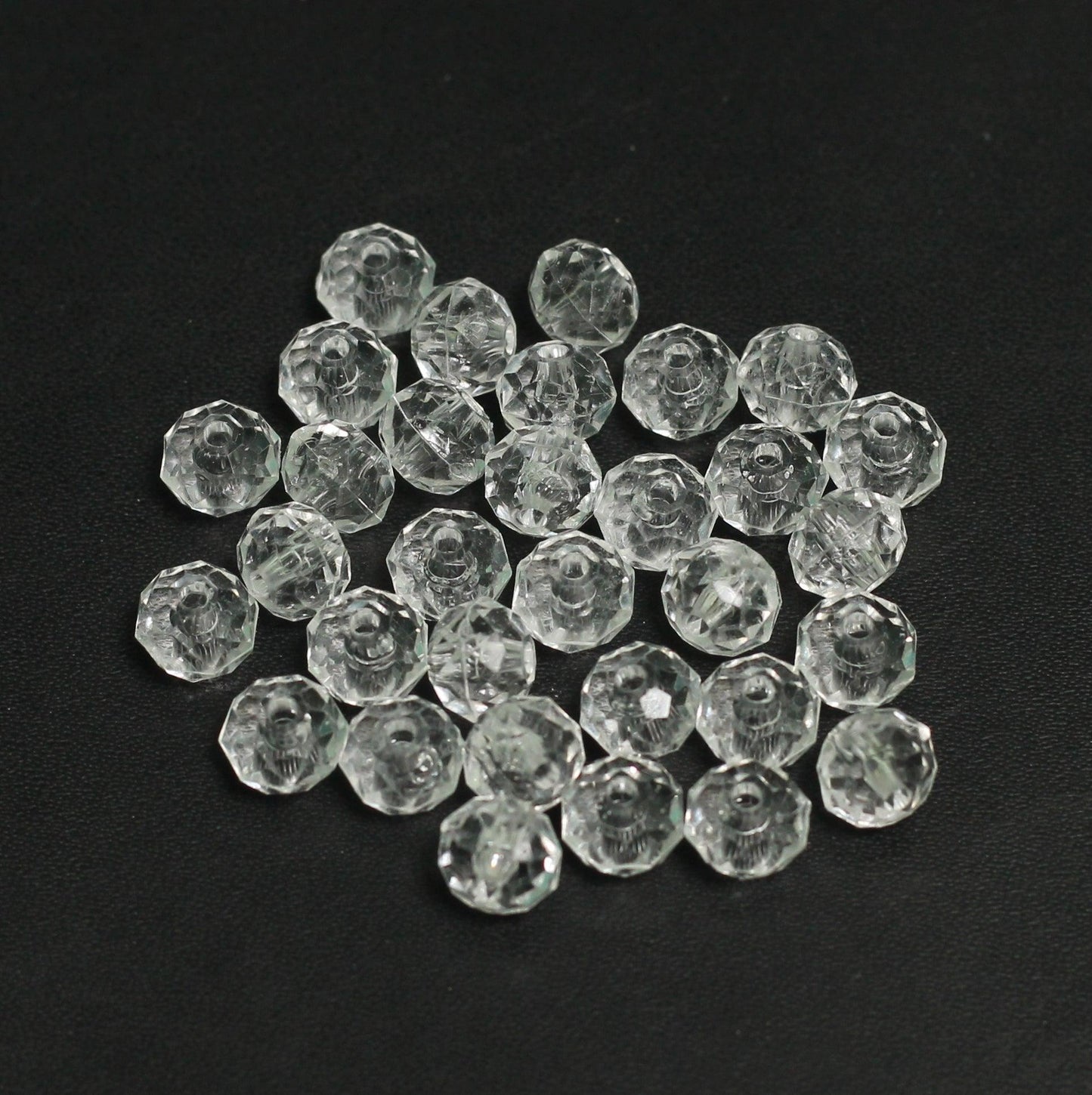 100 gm, 6X7mm Clear Faceted Acrylic Round Beads - White / Acrylic / 100 gm