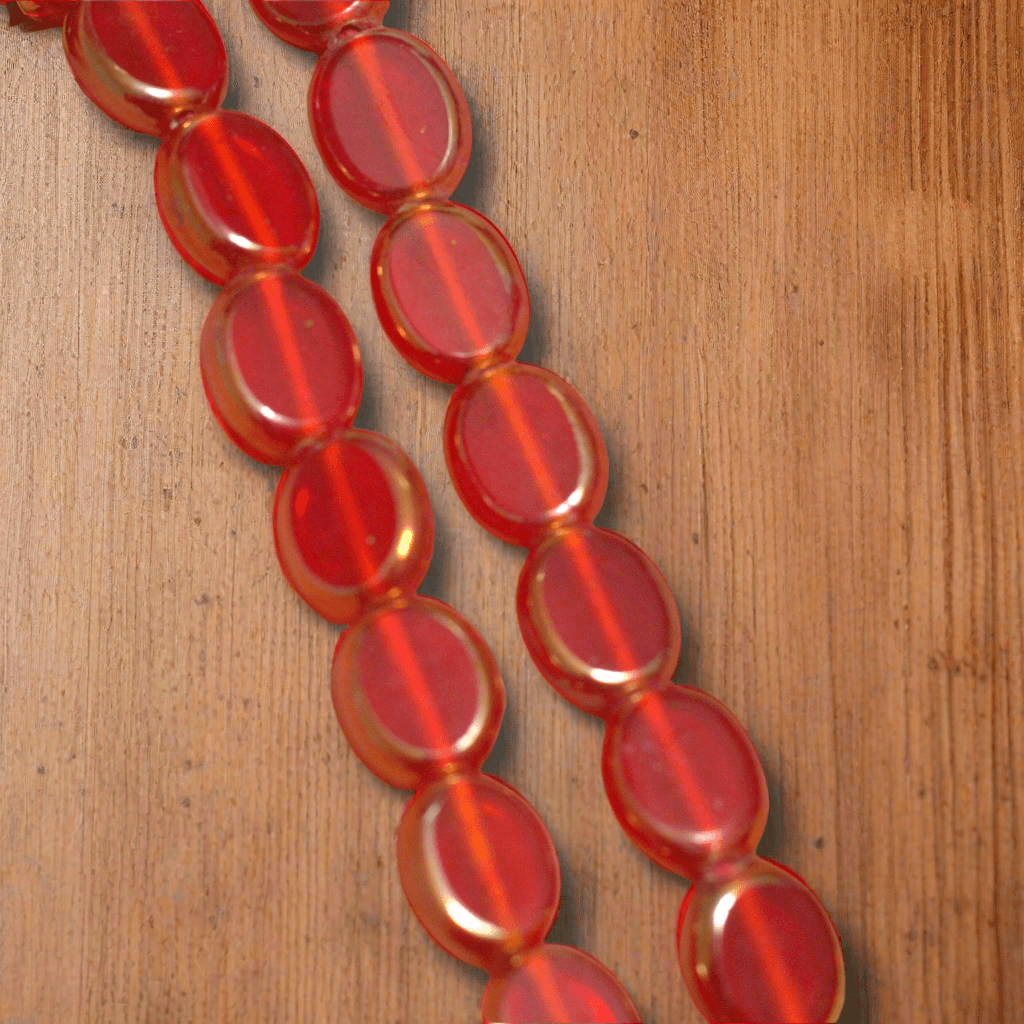 1 String 12x10mm Window Metallic Lining Flat Oval Beads Red - Red / Glass / Oval