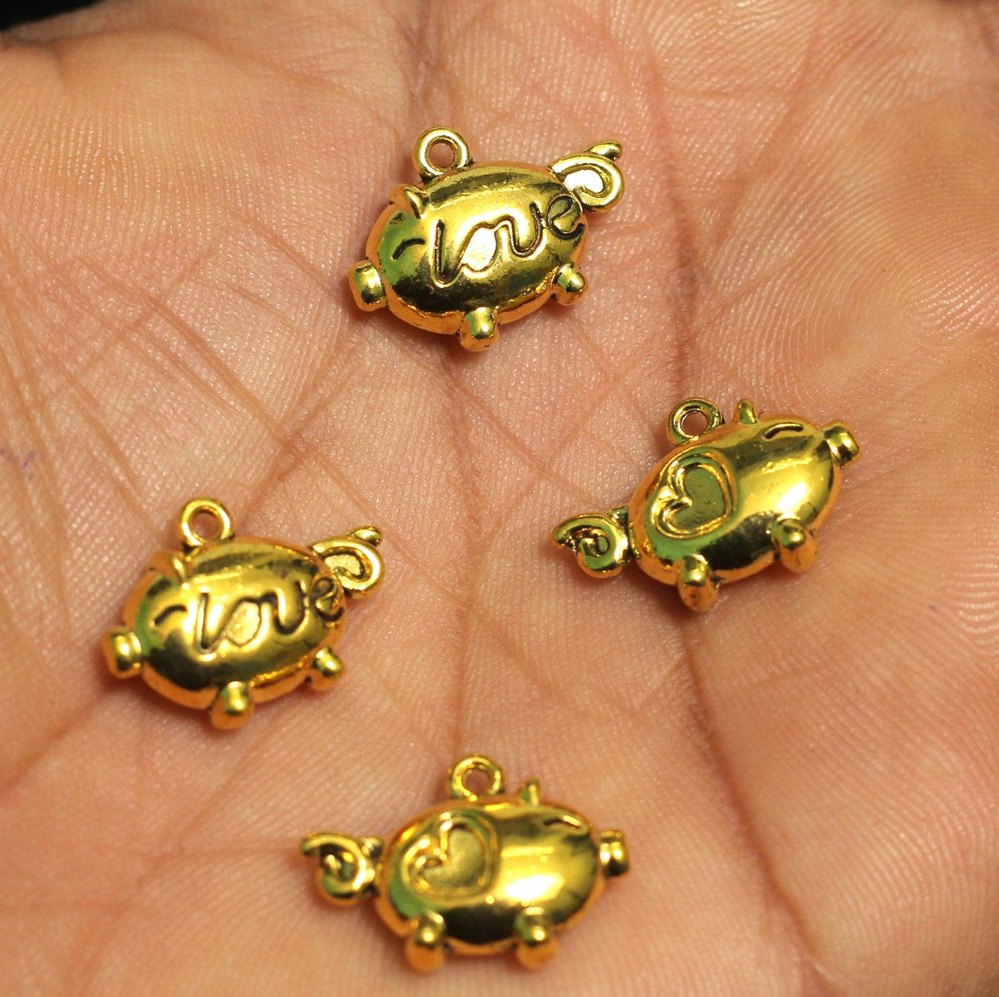 10 Pcs, 13mm German Silver Furtune Pig Charms Golden - Golden / German Silver / Figures
