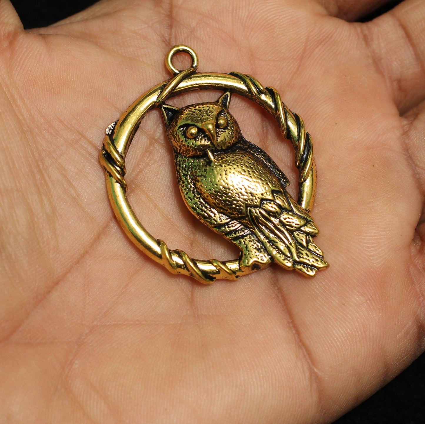 2 Pcs German Silver Golden Owl Pendants 47x37 mm - Golden / German Silver