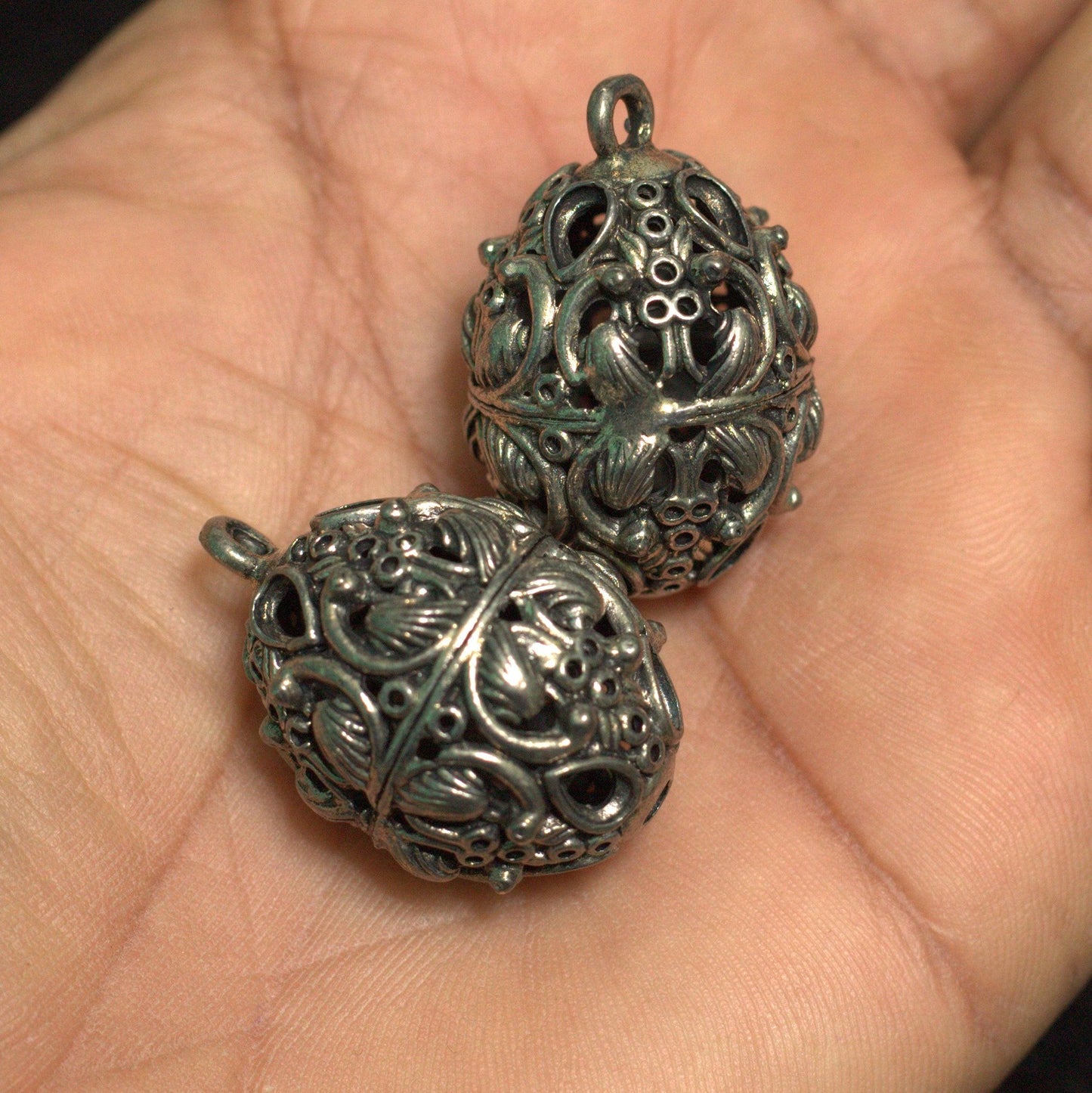German Silver Ghungroo Ball Beads 31x21mm - Silver / Round / 2 Pcs