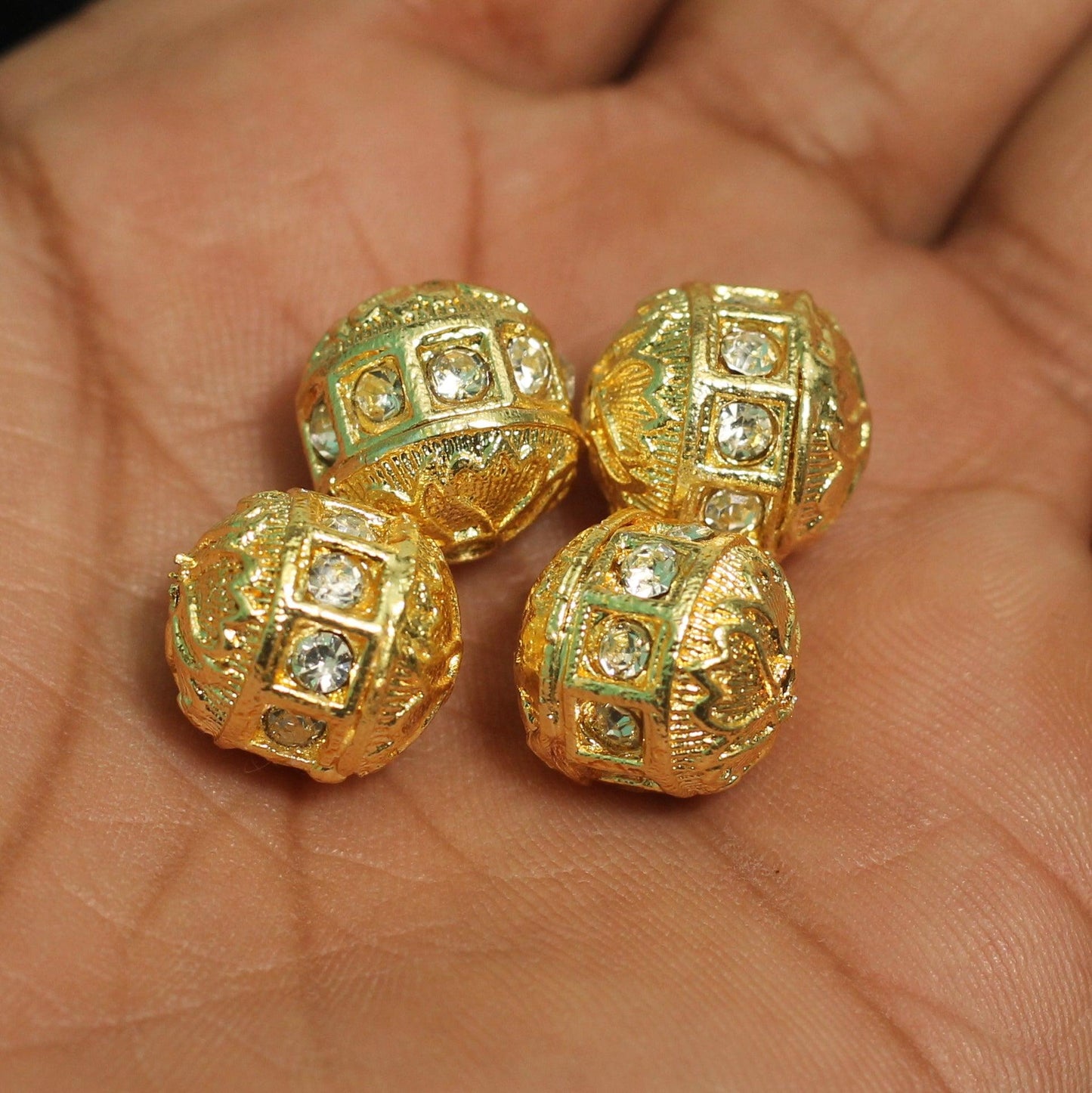 4 Pcs, 13mm, Kundan Spacer Beads Golden - Golden / Kundan
