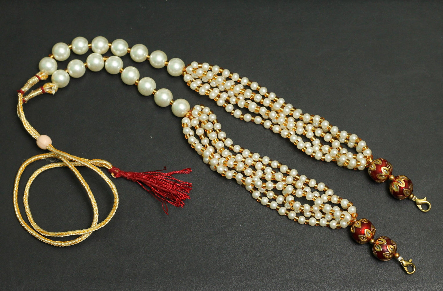 Pearl and Meenakari Beaded Adjustable Dori - Maroon / Glass / 1 Pc