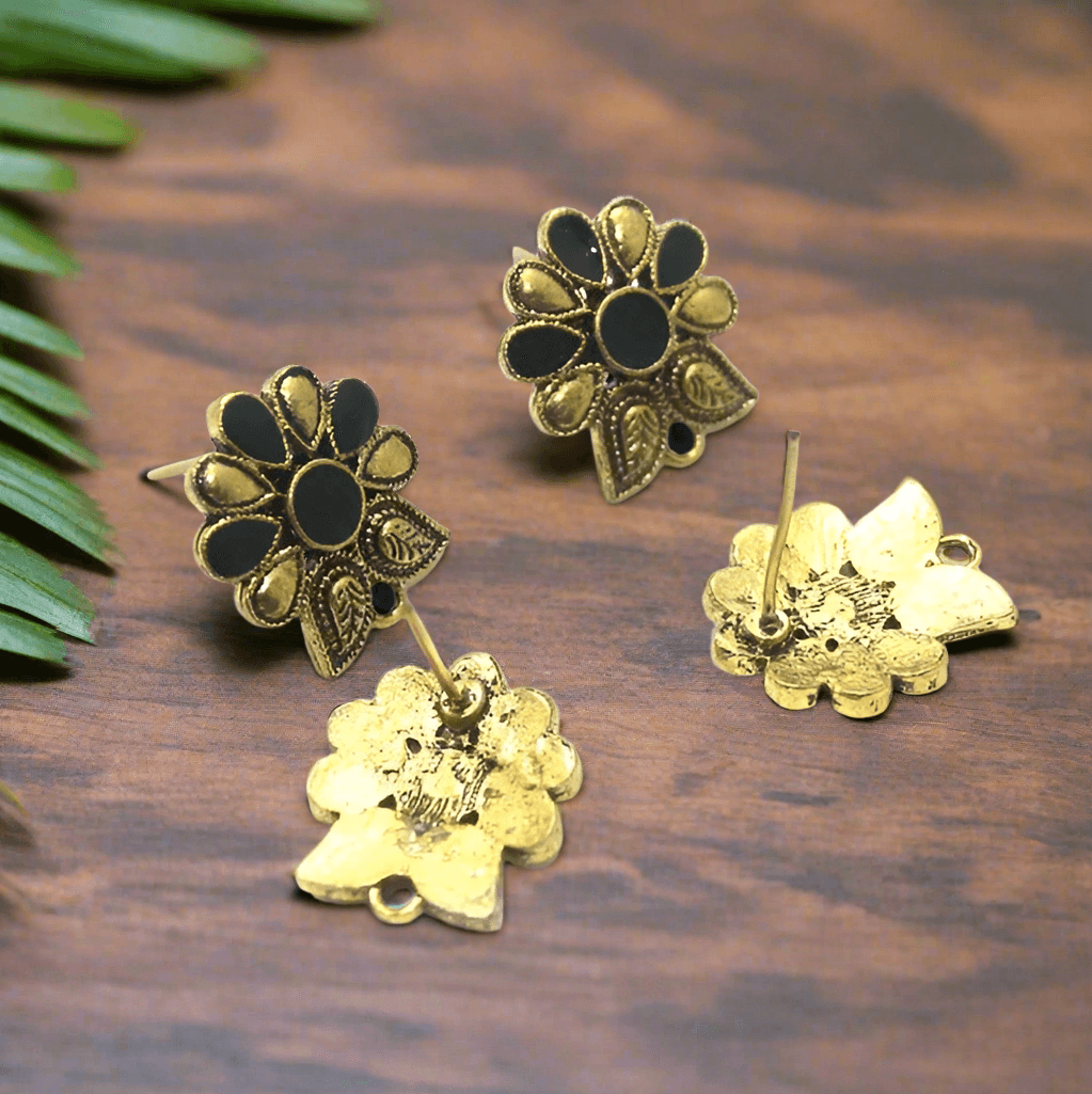 4 Pcs, 18x19mm German Silver Meenakari Earrings Components Black - Golden / German Silver