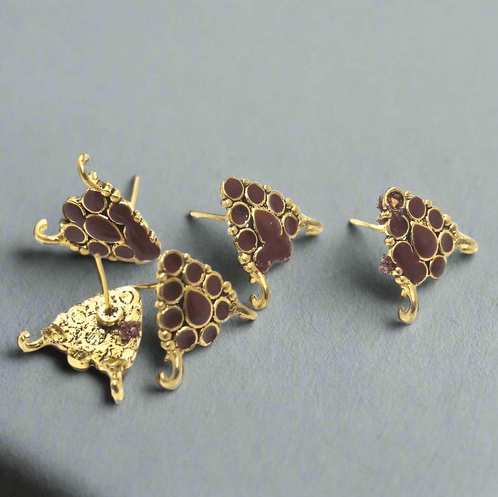 4 Pcs, 18x19mm German Silver Meenakari Earrings ComponentsMaroon - Golden / German Silver
