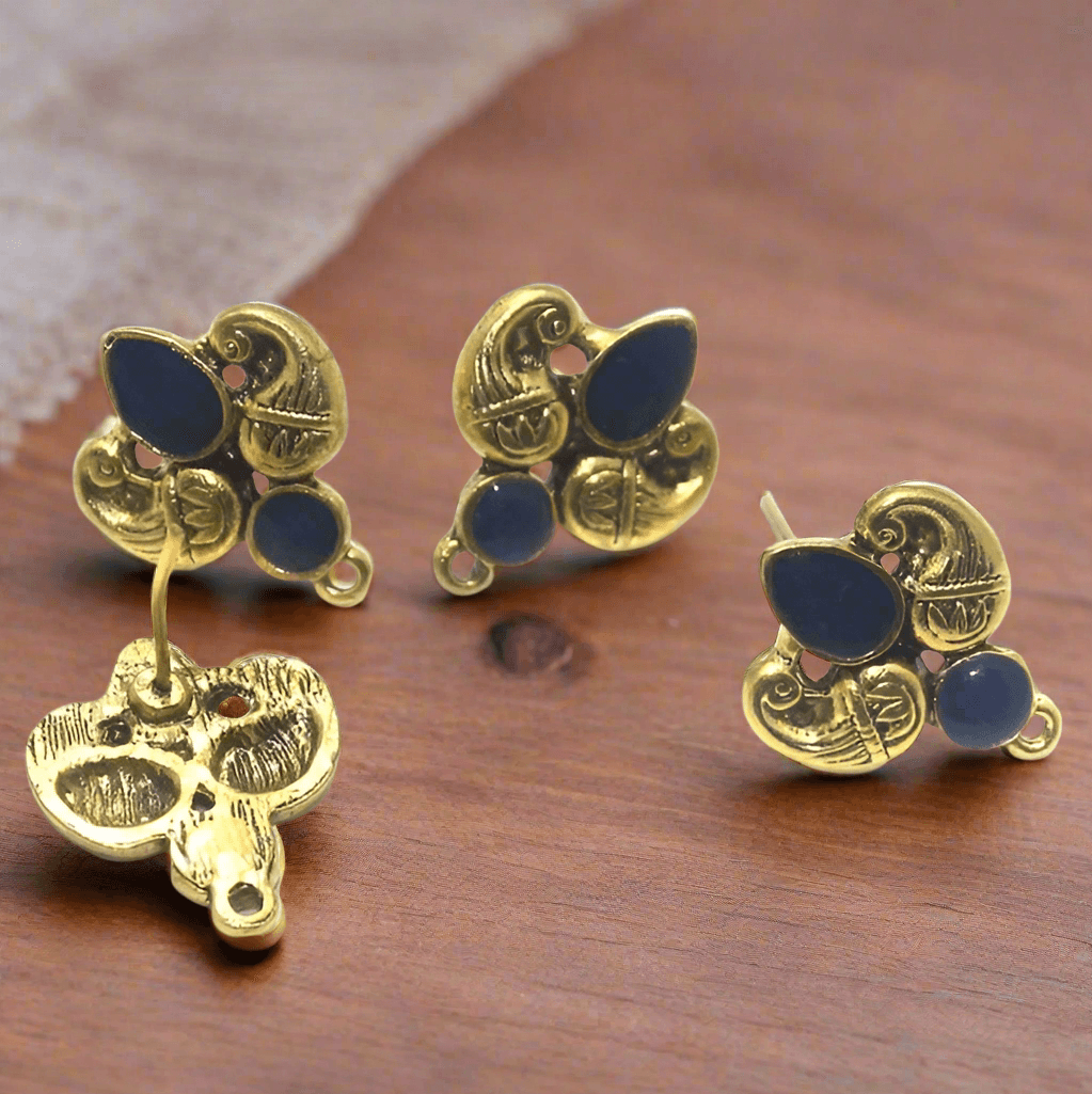 4 Pcs, 18x19mm German Silver Meenakari Earrings Components Blue - Golden / German Silver