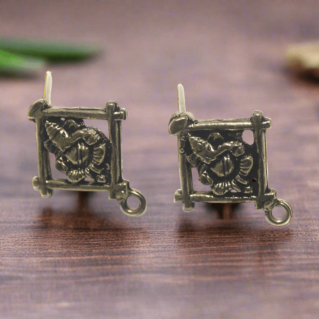 2 Pair German Silver Antique Golden Lord Ganesh Earring Component 20mm - Golden / German Silver