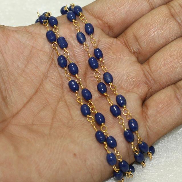 1 Mtr, 6x5mm Blue Oval Glass Beaded Chain - Blue / Glass