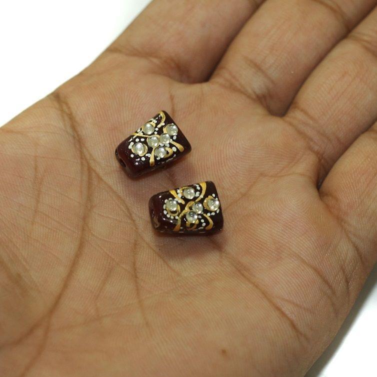 5 Pcs, 14x10mm Handpainted Kundan Work Tumble Beads - Maroon / Glass