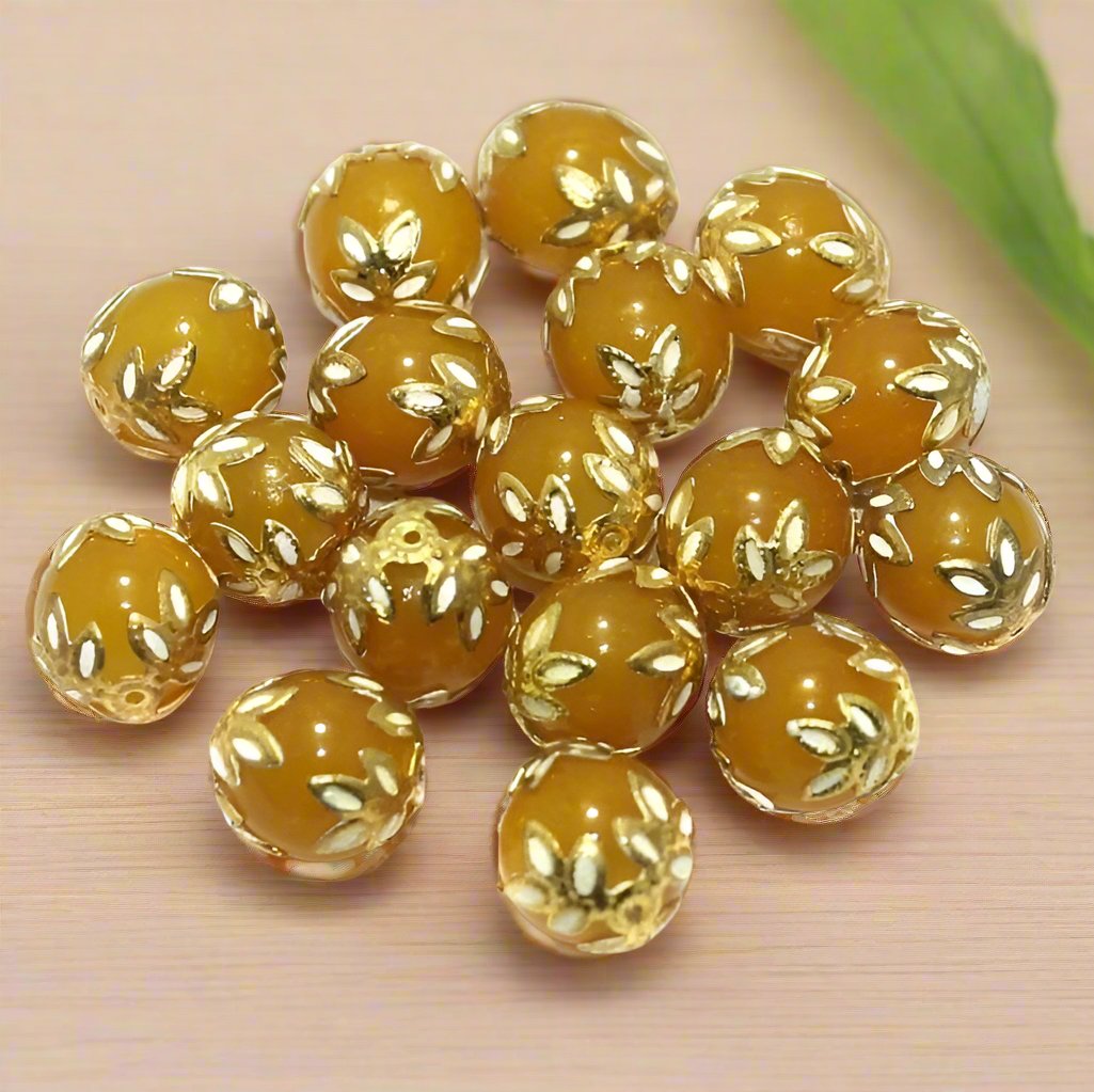 10 Pcs 12mm Meenakari Round Beads - Yellow / Glass