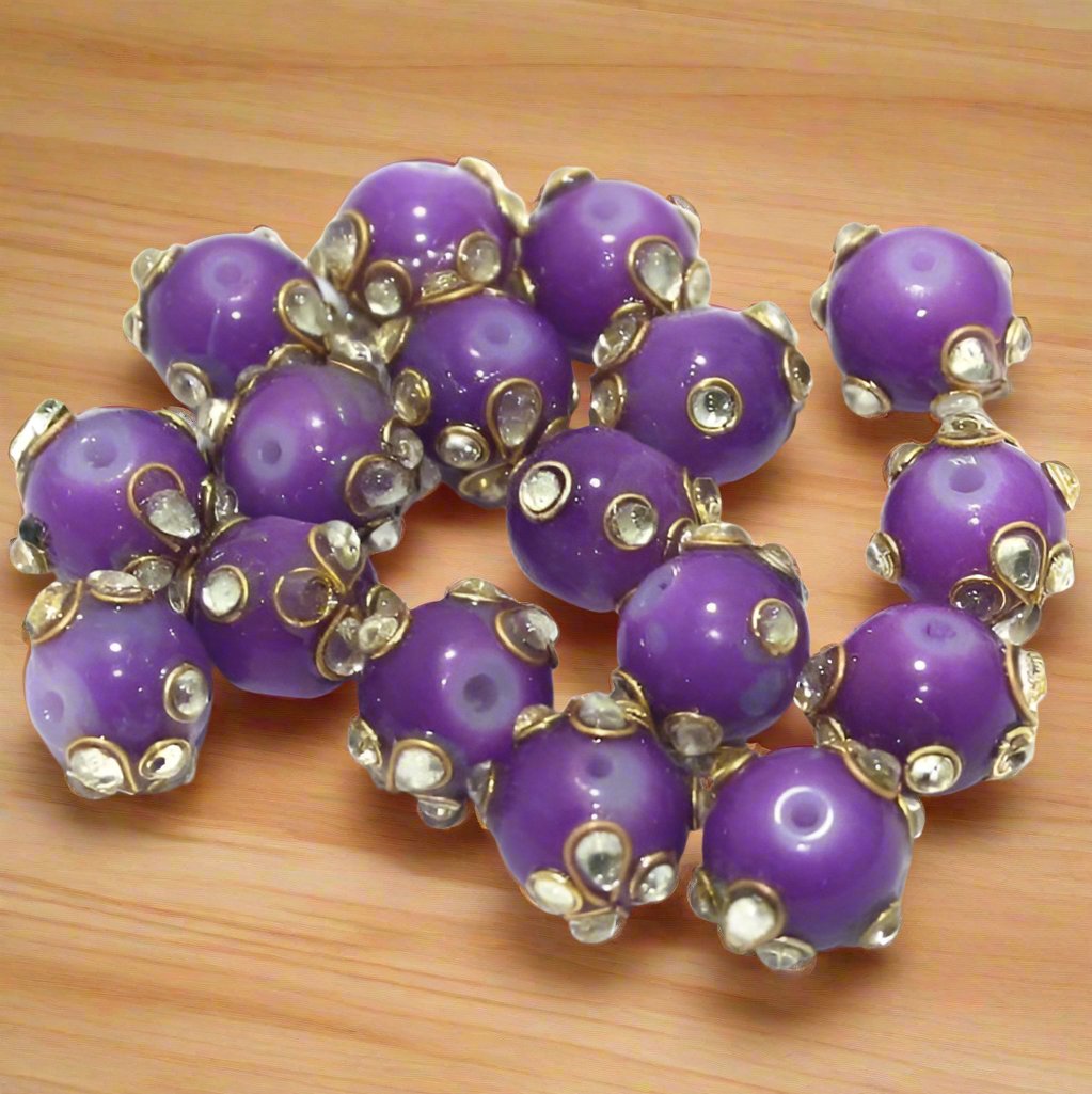 20 pcs 12mm Glass Kundan Beads Round Purple - Purple / Glass