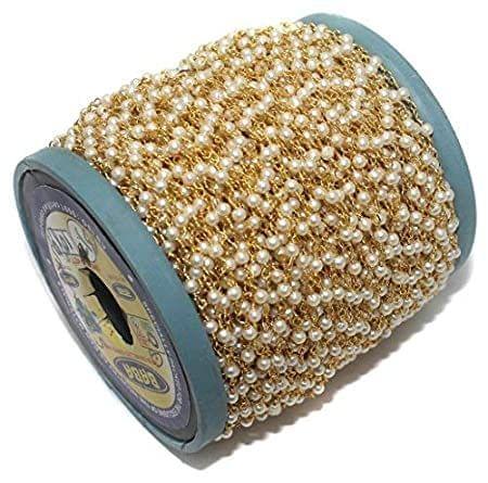 3 mm Glass Pearl Aati Roll Beaded Chain in Long Lasting Brass Wire - Golden / Glass / 5 Meters