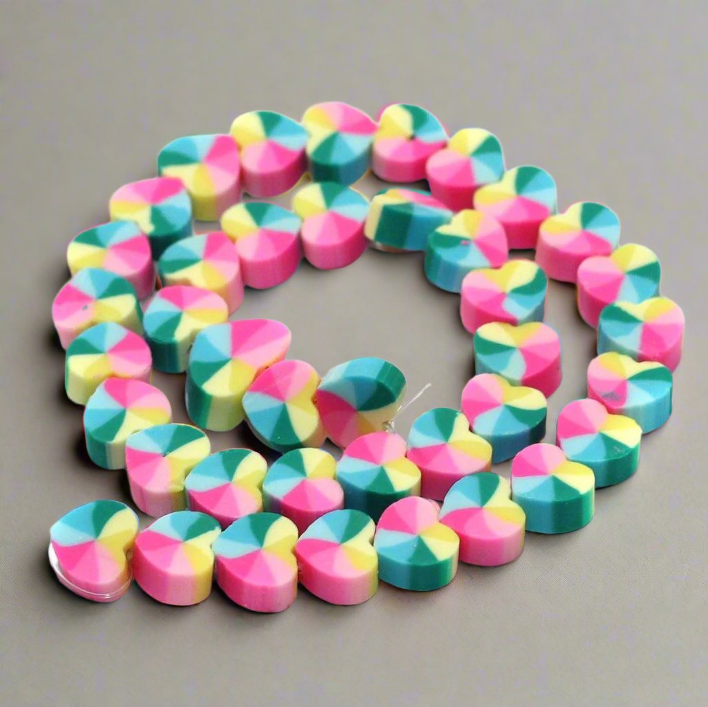 Heart Multicolor Polymer Clay Fimo Beads 1 String, 10x4mm - 10mm / MultiColor / Polymer Clay