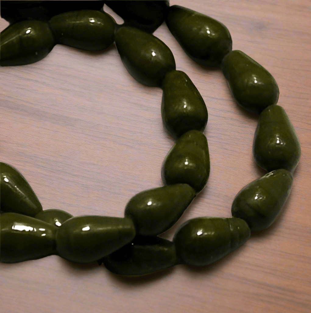 1 String of Glass Drop Beads 12x8mm - Dark Green / Glass / Drop