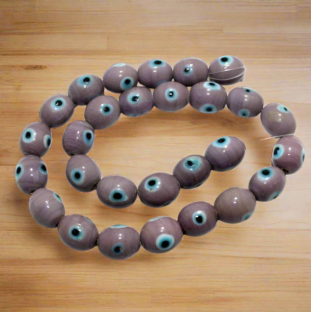 1 String, 14x12mm Purple Evil Eye Glass Beads Oval - Purple / Glass / Round