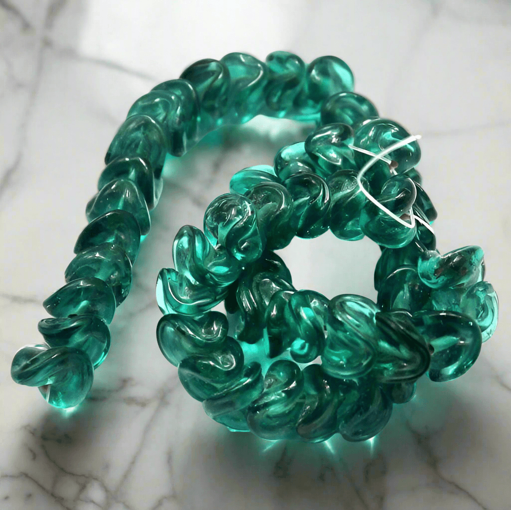 1 string 12mm Twisty Glass Beads - Teal / Glass / Twisty