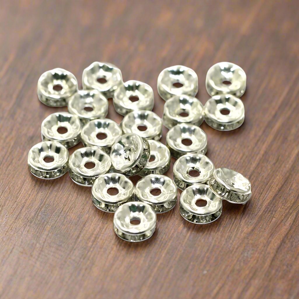 100 Pcs, 7mm Rhinestone Disc Spacer Beads - Silver / Iron / Disc