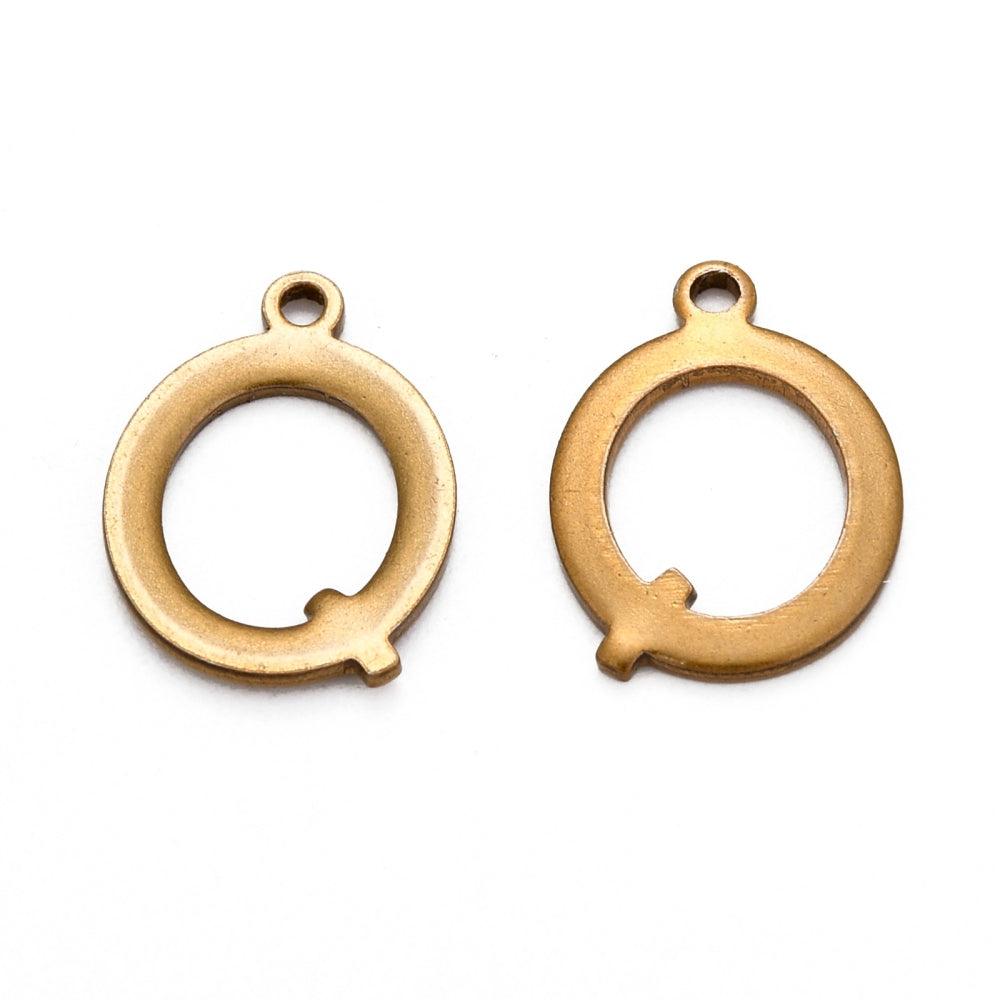 5 Pcs, 12.5x9mm Letter Q Stainless Steel Alphabet Charms Antique Bronze - Bronze