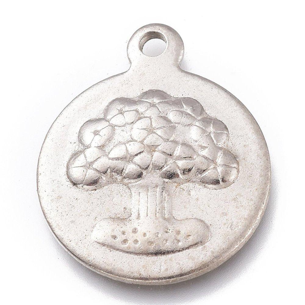19.5x16mm Flat Round with Tree of Life Stainless Steel Pendants - Silver / Stainless Steel / 5 Pcs