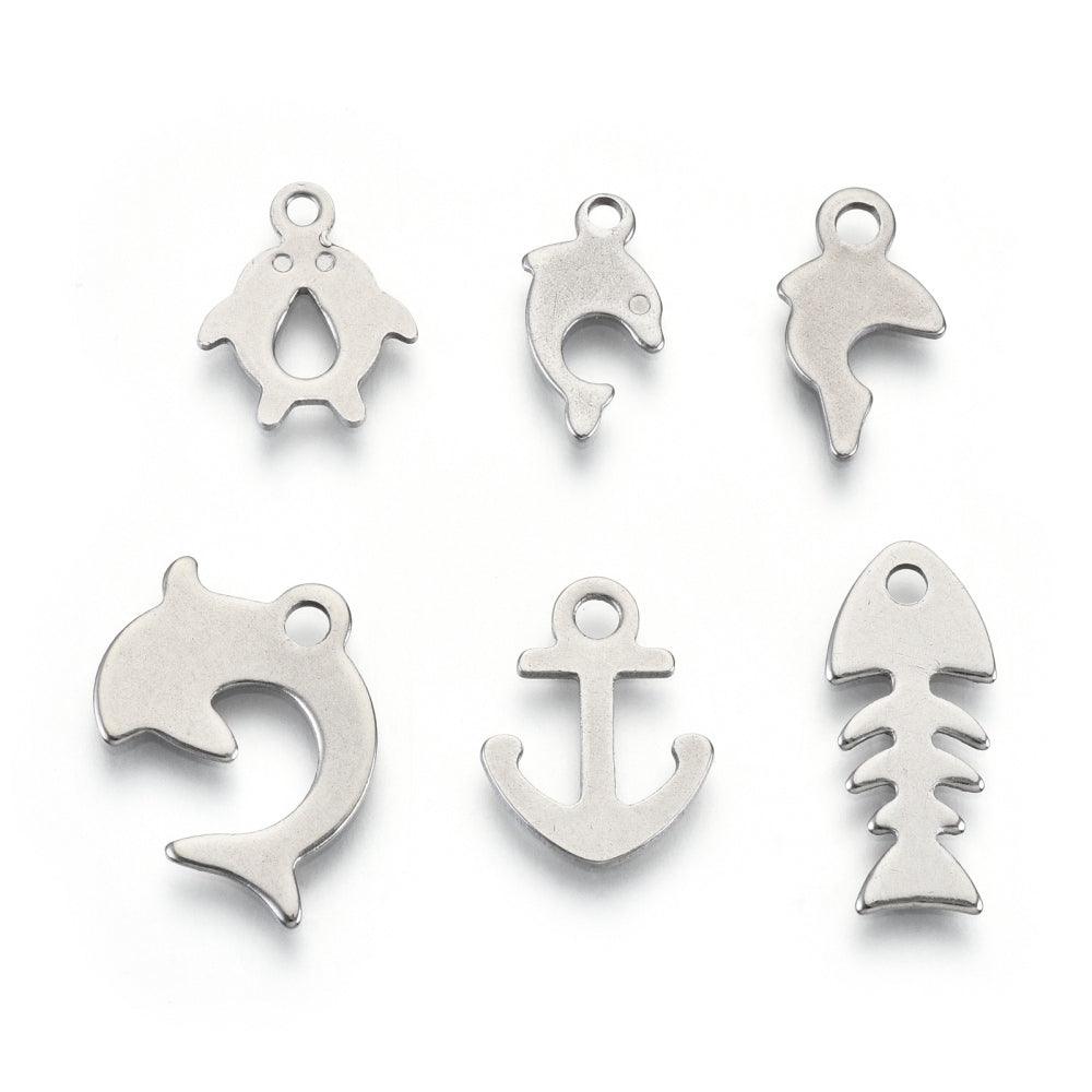 Stainless Steel Charms Fish, 6 Patterns - Silver / Stainless Steel / 12 Pcs