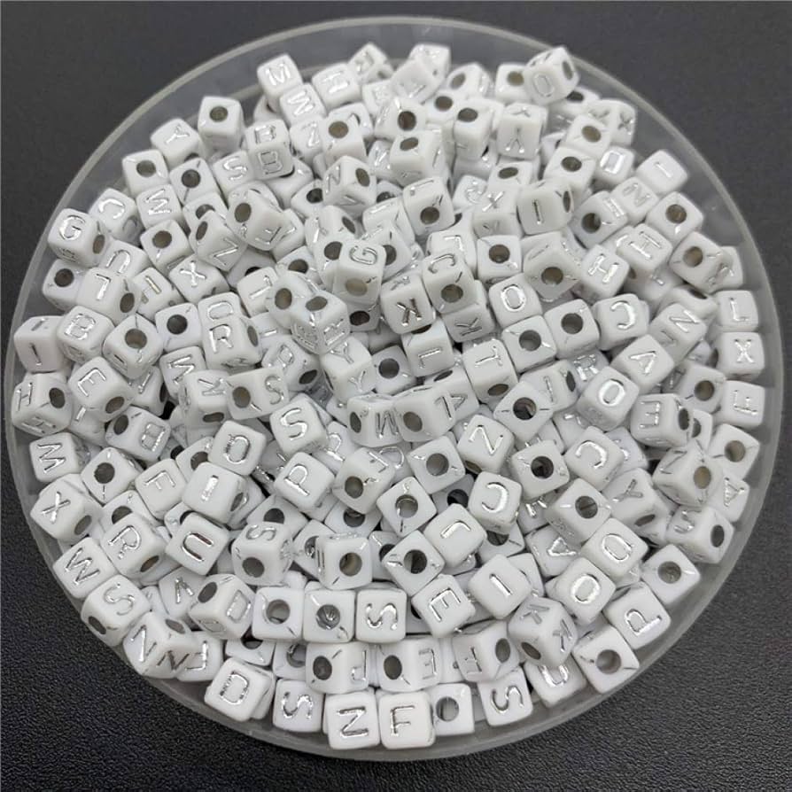 100 gm, Acrylic Square A to Z Alphabet Letter Beads White 6mm - White / Acrylic / 100 gm