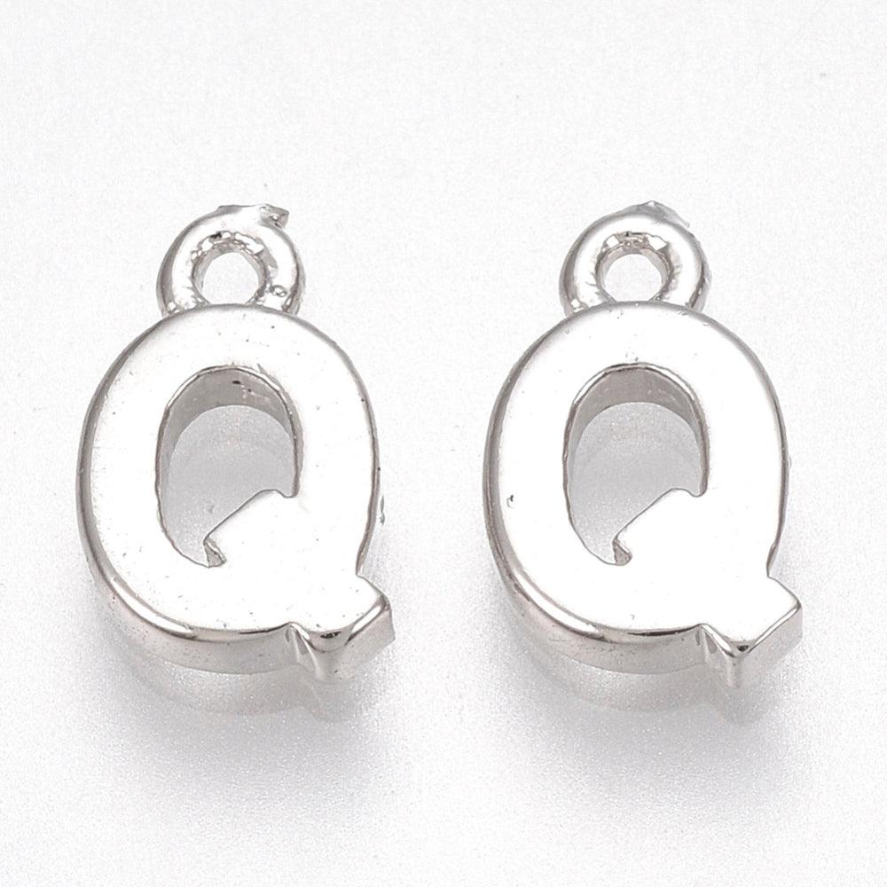 8.5x5mm Letter Q Brass Charms Real Platinum Plated - Silver