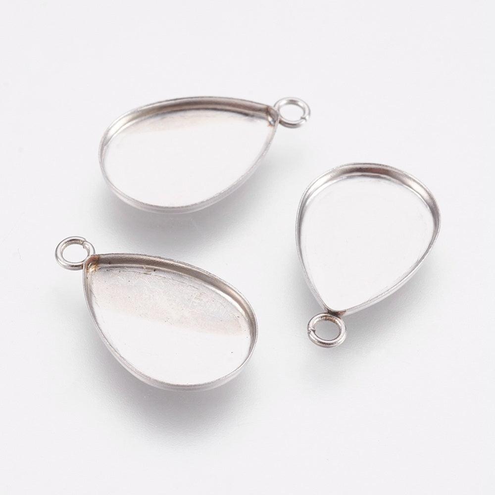 0.75 Inch 304 Stainless Steel Pendant teardrop Cabochon Settings - Silver / Drop / 10 Pcs