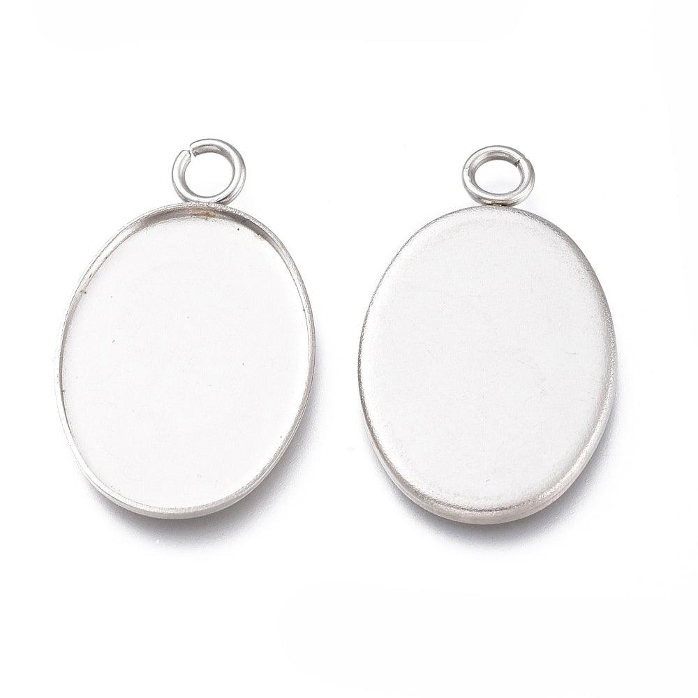 0.75 Inch 304 Stainless Steel Pendant Oval Cabochons Settings - Silver / Oval / 10 Pcs