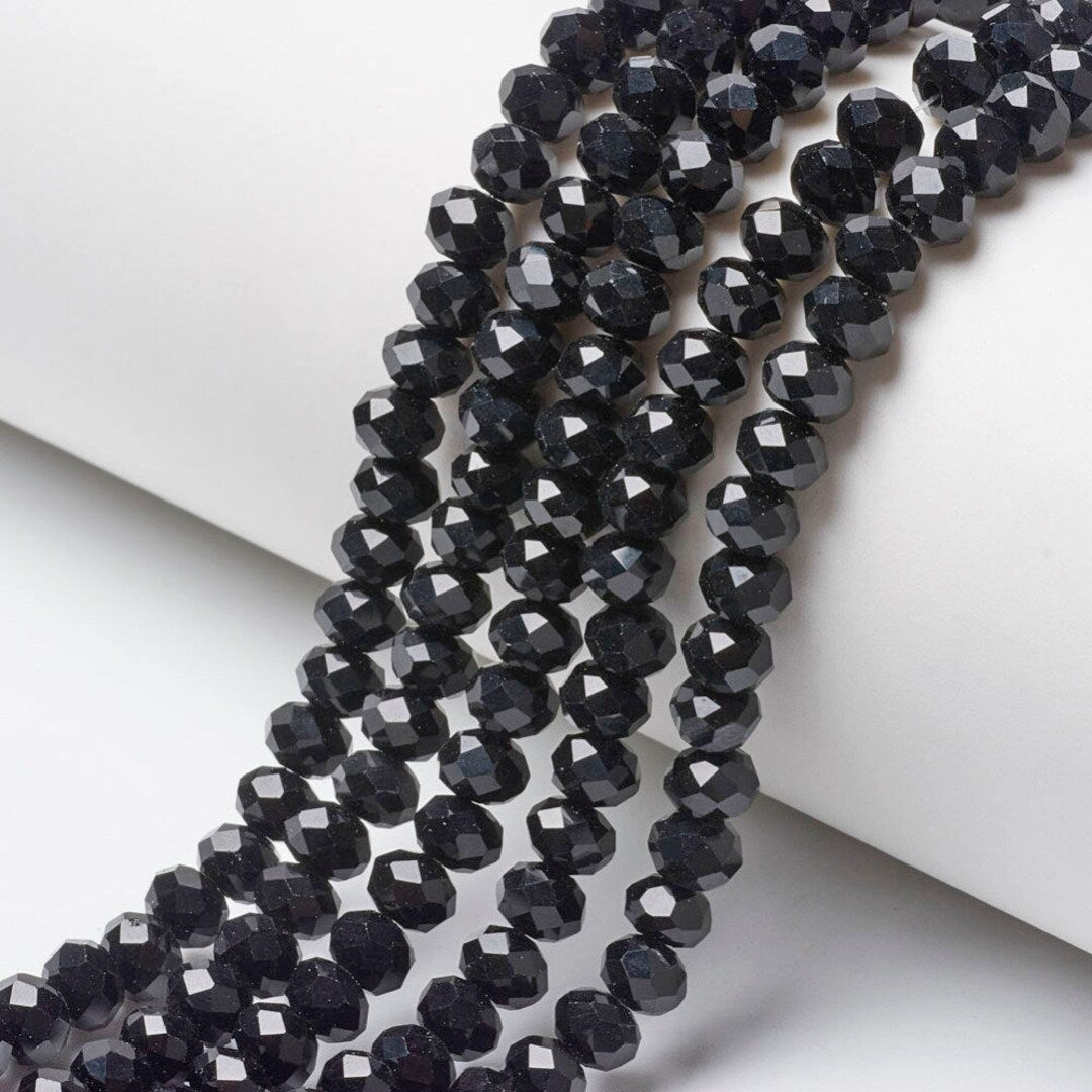 1 String, 6mm Black Glass Crystal Beads Rondelle - Black / 1 String / Rondelle