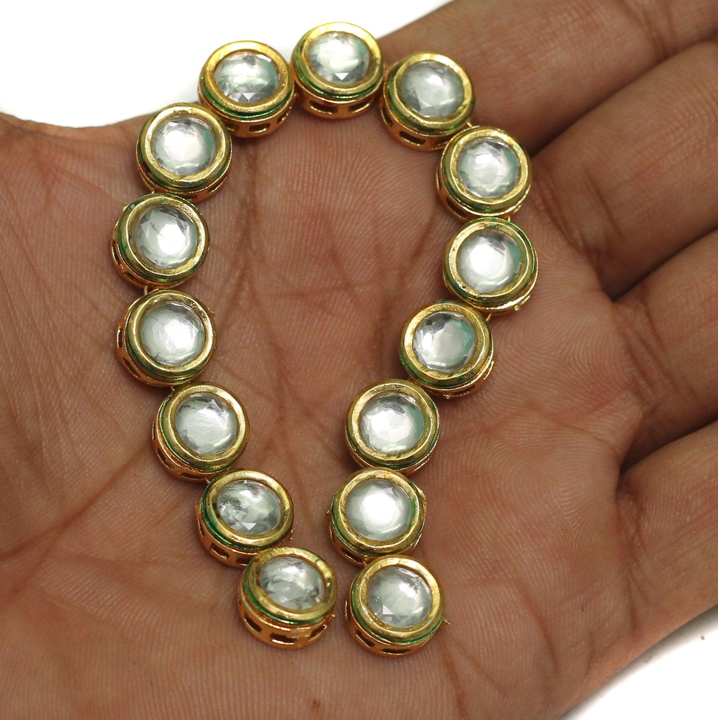 15 Pcs, 11mm Round Meenakari Kundan Kadi Chain - Golden / Kundan / 15 Pcs