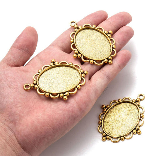 2.5 Inch Tibetan Style Alloy Flat Oval Pendant Cabochon Settings Antique Golden - Golden / Oval / 5 Pcs
