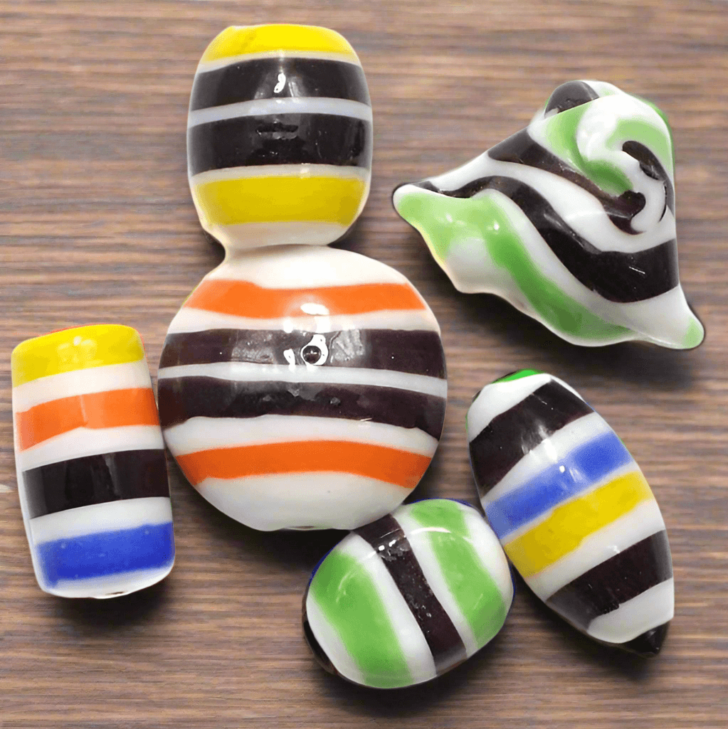 25+ Stripy Fancy Beads Assorted 12-20 mm - MultiColor / Glass / Assorted
