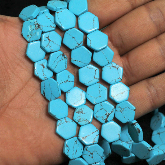 2 Strings Semiprecious Howlite Beads 12mm - Turquoise / Stone / Hexa