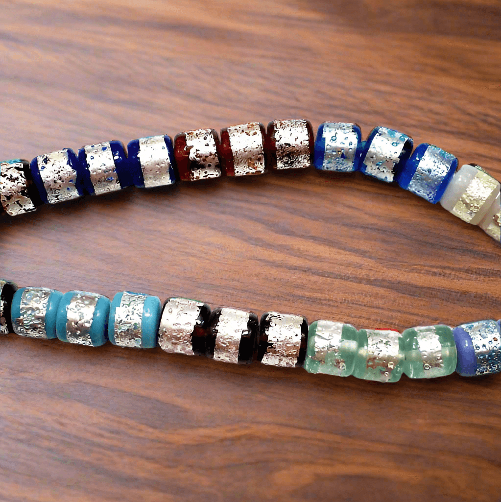 30 Silver Foil Sugar Barrel Beads Assorted 10mm - Silver / Glass / Tyre