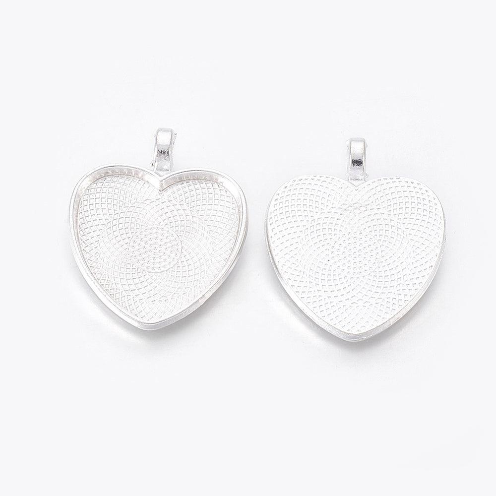 1 Inch Alloy Pendant Heart Cabochon Settings - Silver / Heart / 10 Pcs