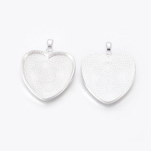 1 Inch Alloy Pendant Heart Cabochon Settings - Silver / Heart / 10 Pcs